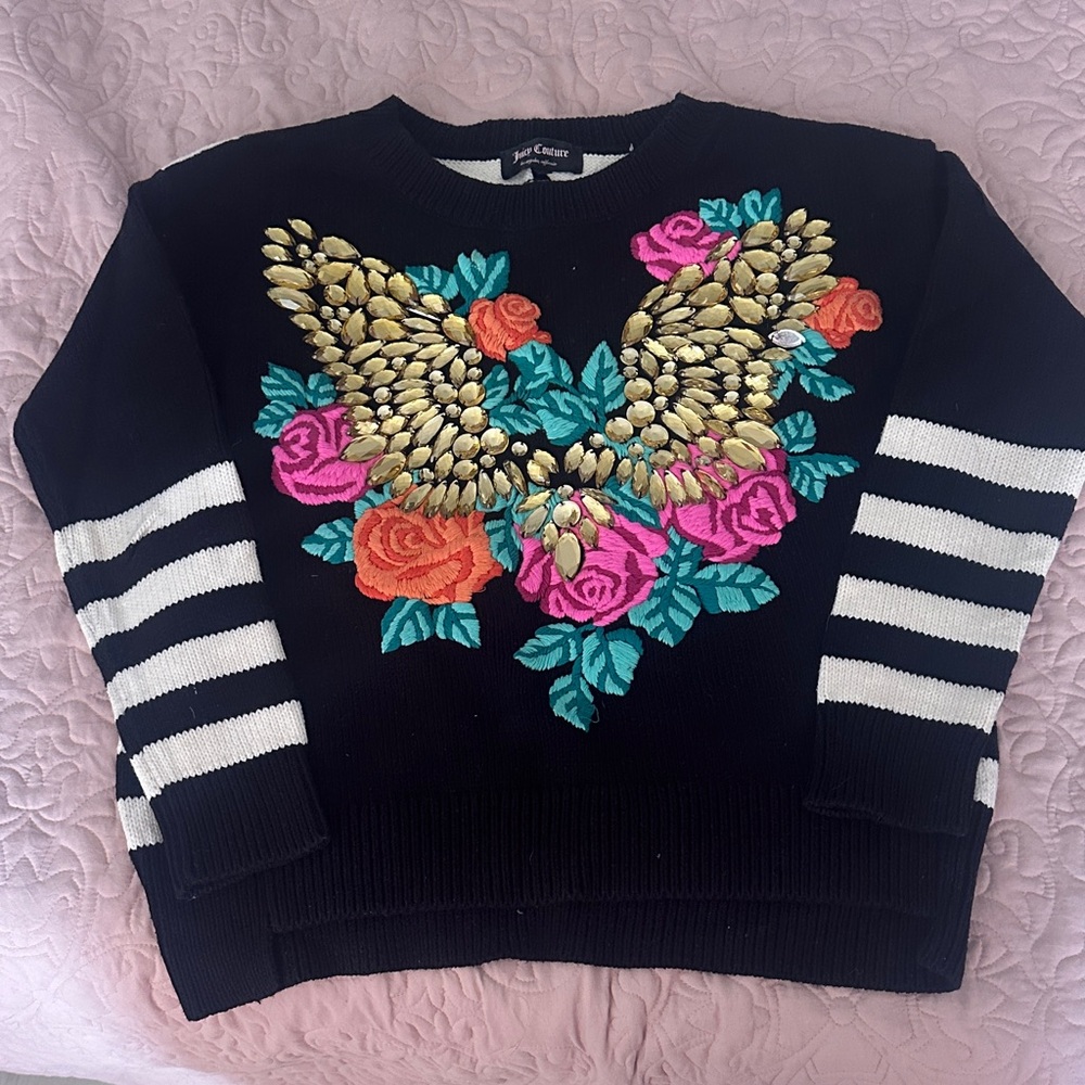 Juicy Couture Black Sweater with Gold and Floral Design